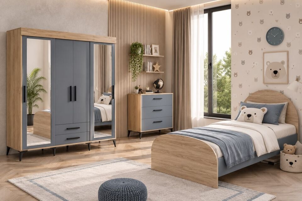 Izmir Çocuk Odası Takımı Tamamı Mdf Antrasit Ve Flora Aynalı