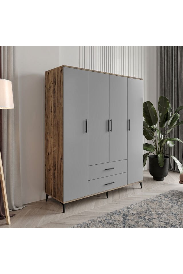 Urla 4 Kapaklı 2 Çekmeceli Gardrop Tamamı Mdf( atlas çam buz gri )
