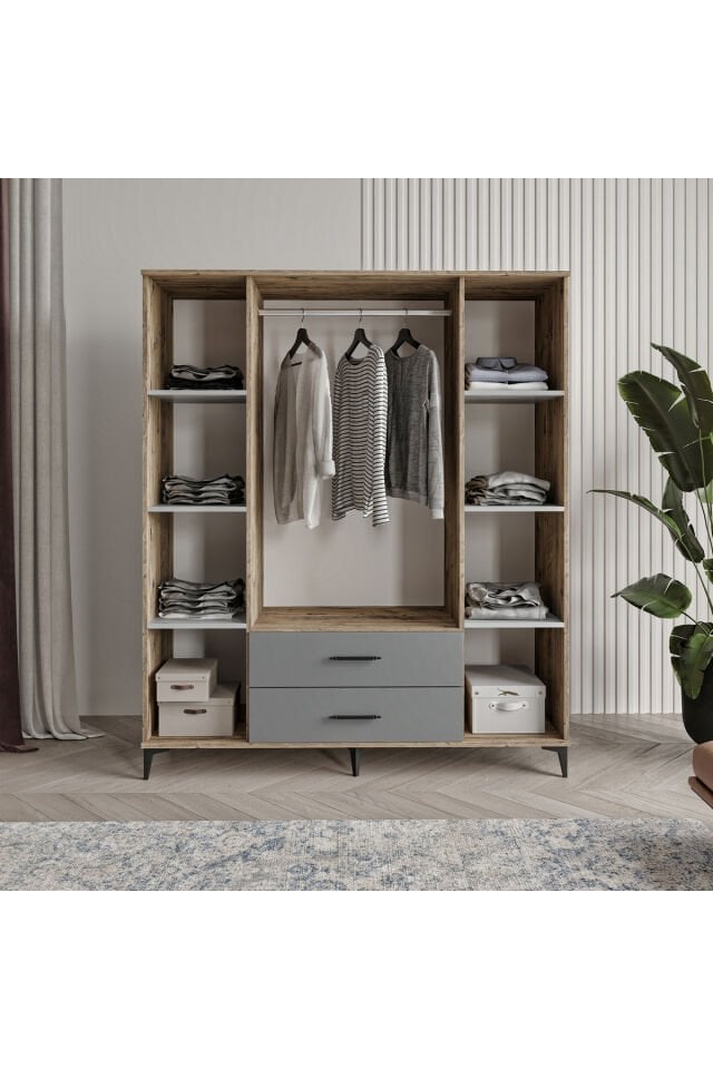 Urla 4 Kapaklı 2 Çekmeceli Gardrop Tamamı Mdf( atlas çam buz gri )