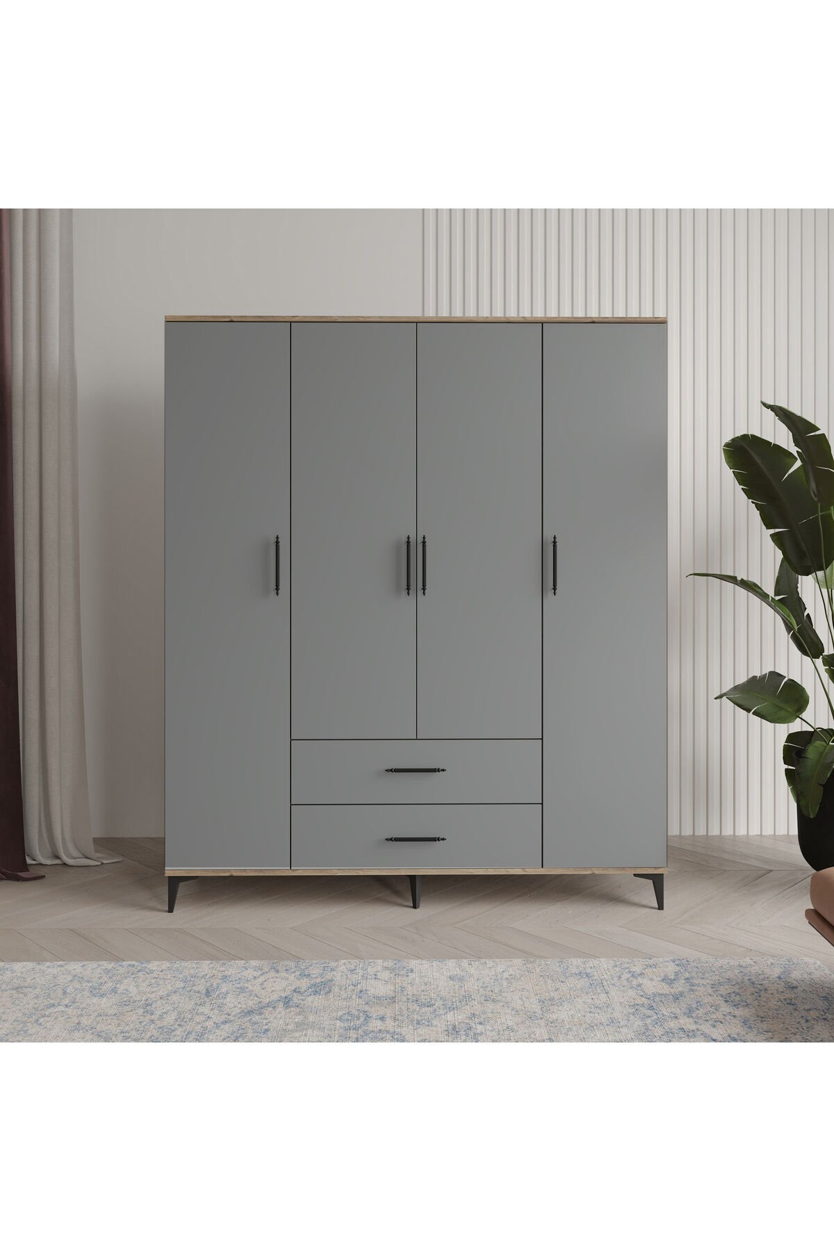Urla 4 Kapaklı 2 Çekmeceli Gardrop Tamamı Mdf( atlas çam buz gri )