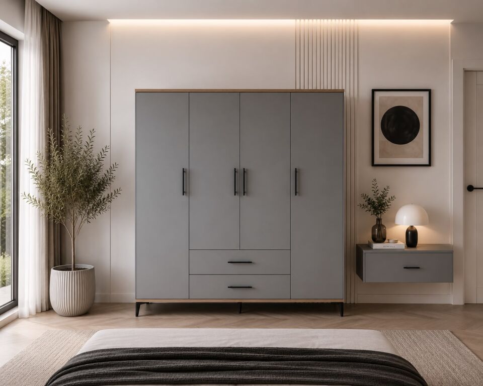 Urla 4 Kapaklı 2 Çekmeceli Gardrop Tamamı Mdf( atlas çam buz gri )