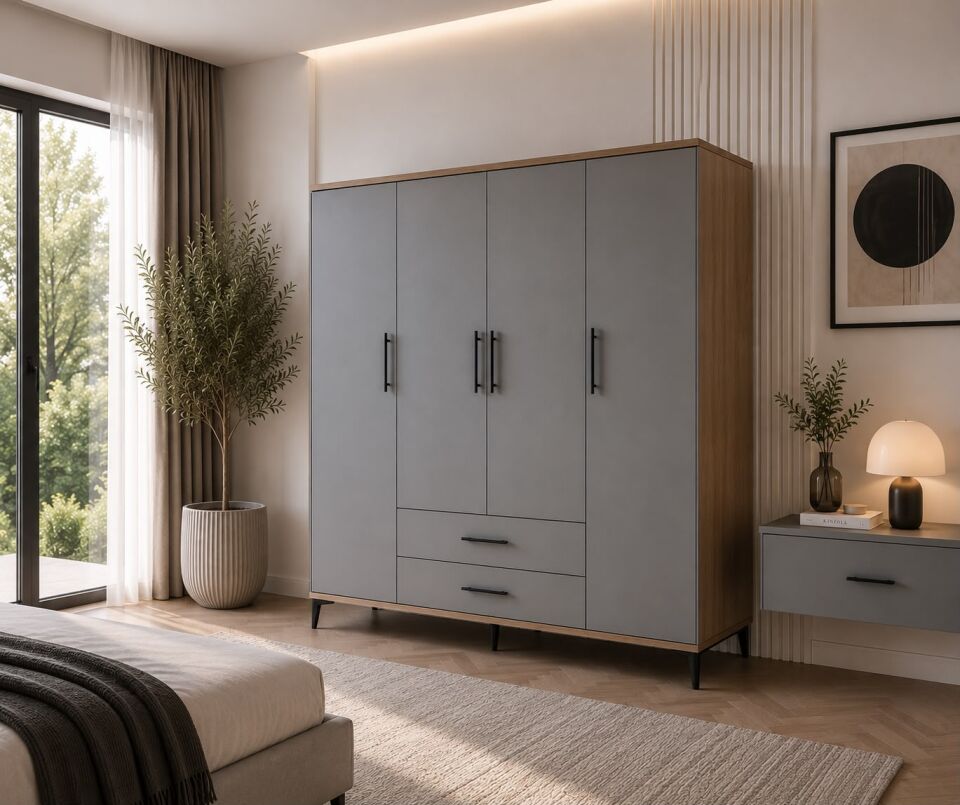 Urla 4 Kapaklı 2 Çekmeceli Gardrop Tamamı Mdf( atlas çam buz gri )
