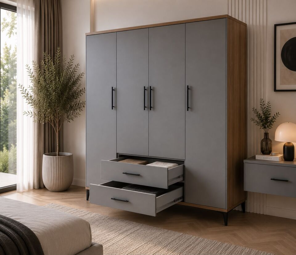 Urla 4 Kapaklı 2 Çekmeceli Gardrop Tamamı Mdf( atlas çam buz gri )