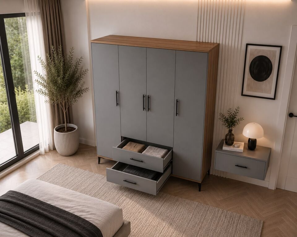 Urla 4 Kapaklı 2 Çekmeceli Gardrop Tamamı Mdf( atlas çam buz gri )
