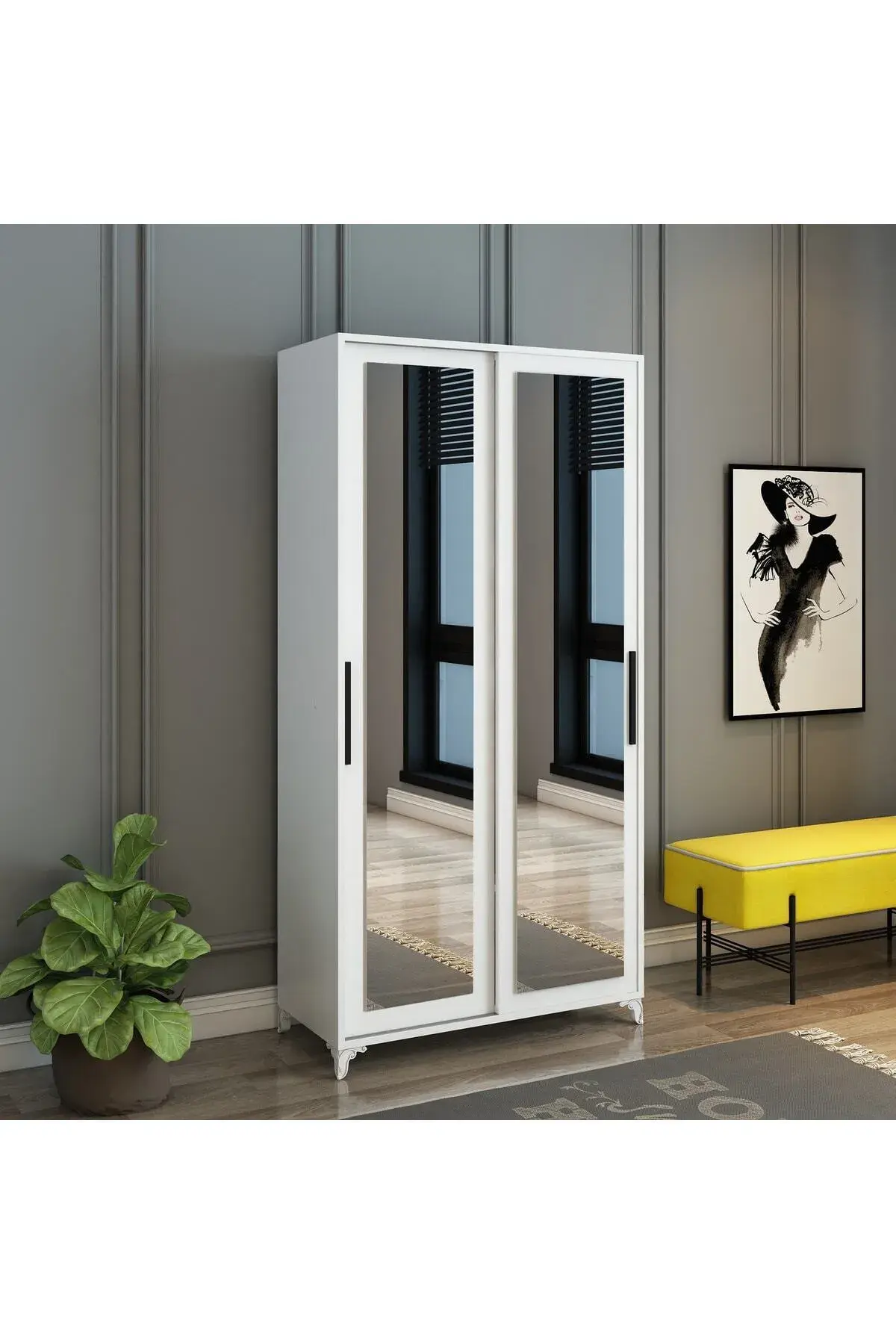 Olivia Sürgülü Çift Aynalı Beyaz Portmanto Tamamı Mdf