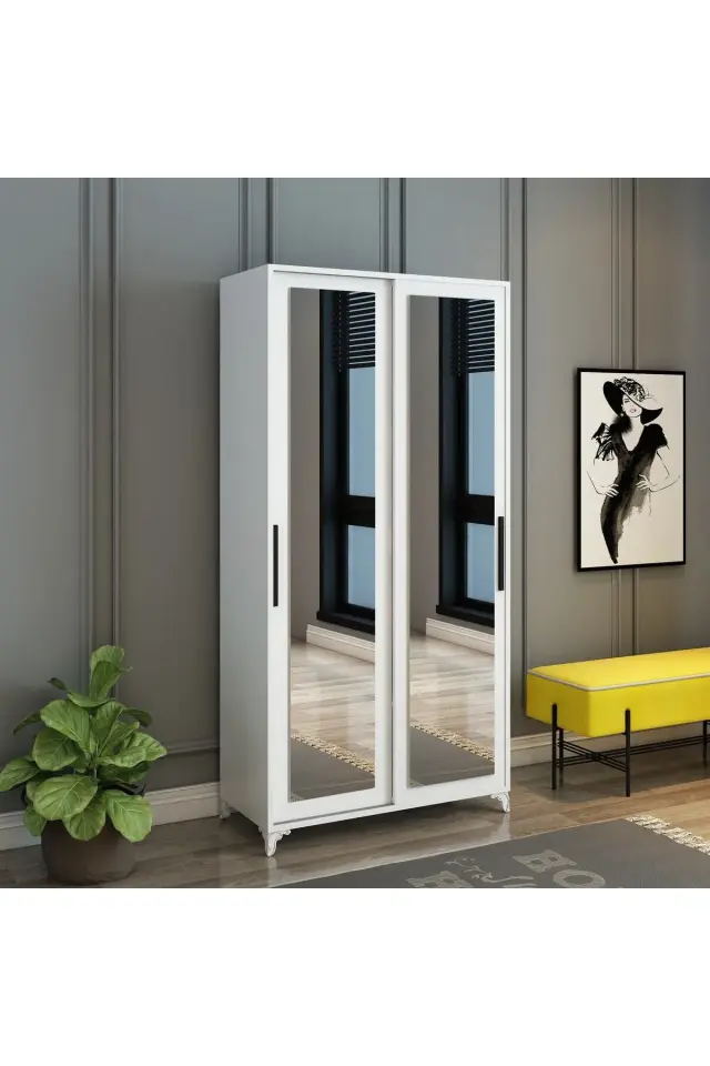 Olivia Sürgülü Çift Aynalı Beyaz Portmanto Tamamı Mdf