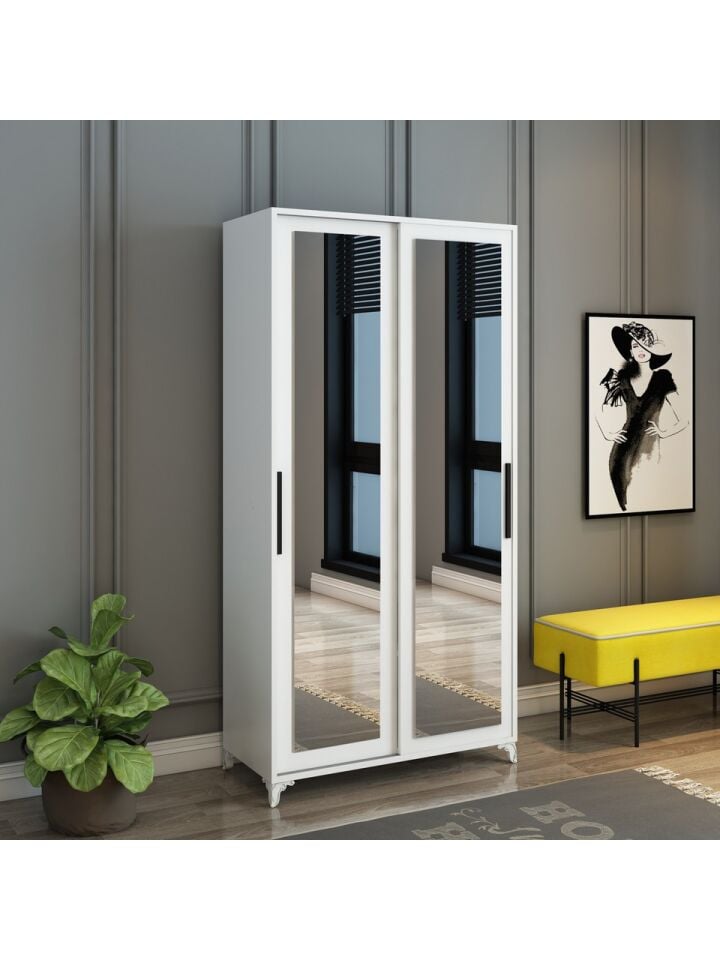 Olivia Sürgülü Çift Aynalı Beyaz Portmanto Tamamı Mdf