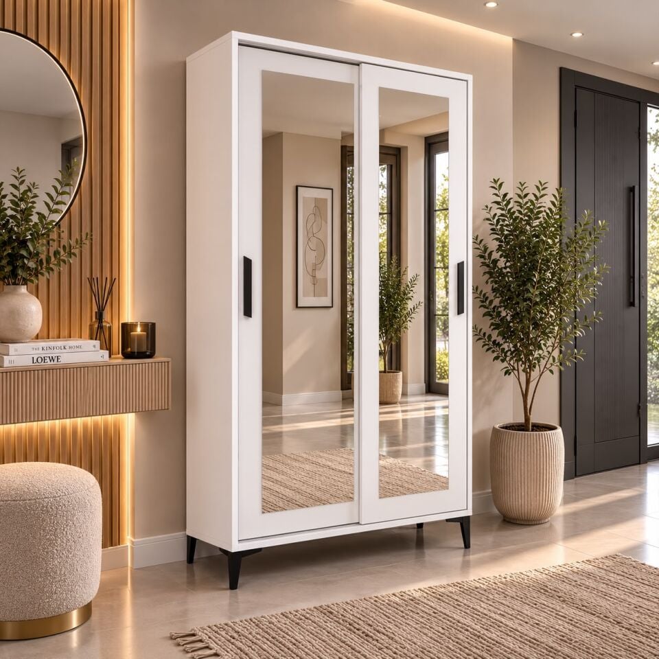 Olivia Sürgülü Çift Aynalı Beyaz Portmanto Tamamı Mdf