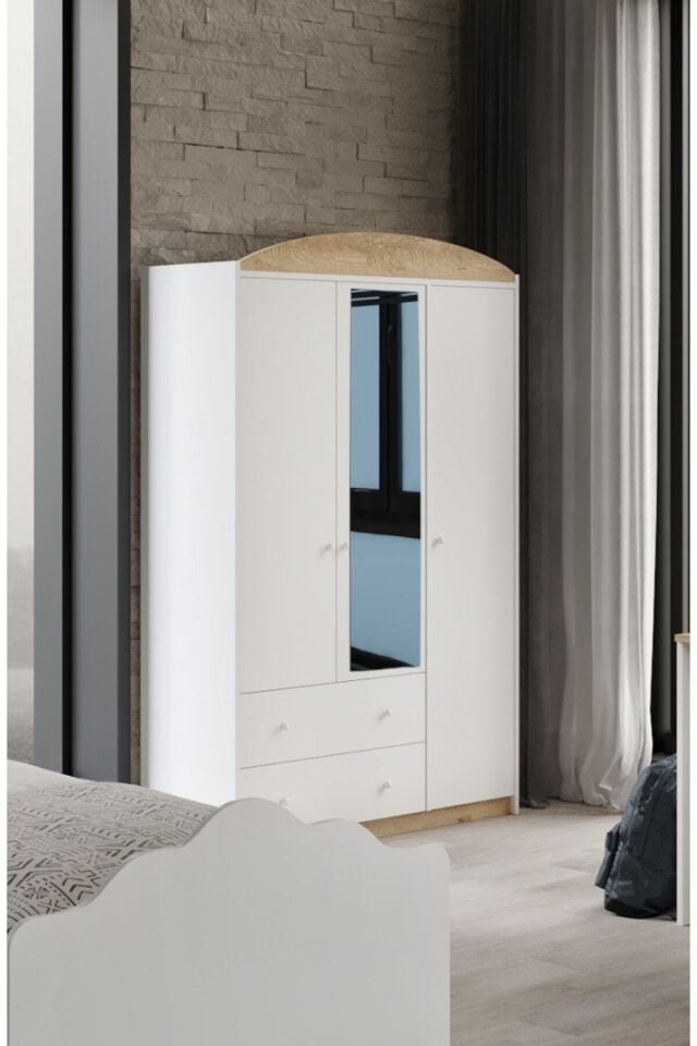 Lucia Aynalı 3 Kapaklı 2 Çekemeceli Tamamı Mdflam Gardrop Beyaz Meşe