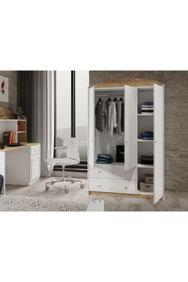 Lucia Aynalı 3 Kapaklı 2 Çekemeceli Tamamı Mdflam Gardrop Beyaz Meşe