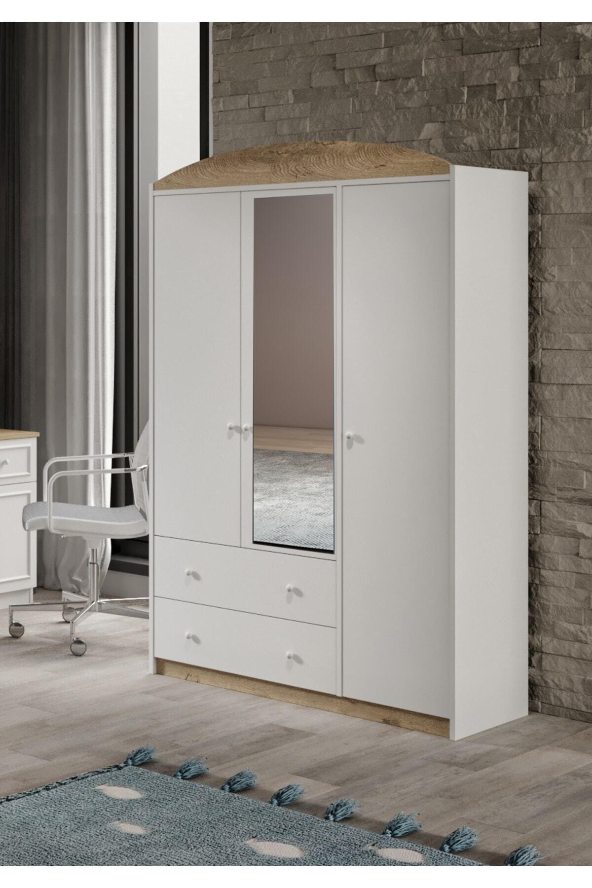 Lucia Aynalı 3 Kapaklı 2 Çekemeceli Tamamı Mdflam Gardrop Beyaz Meşe