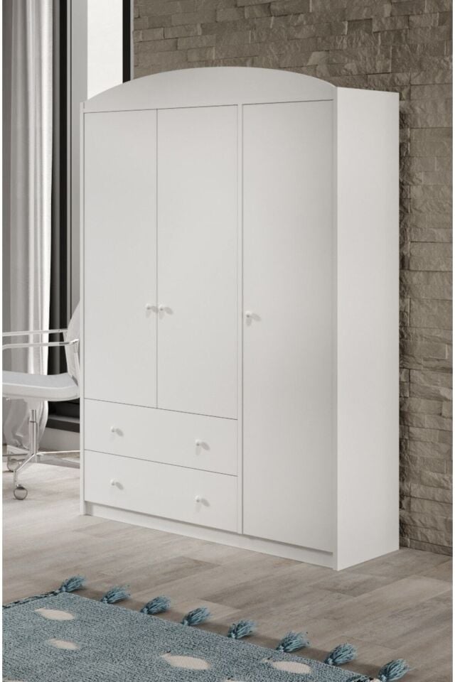 Lucia Beyaz 3 Kapaklı 2 Çekemeceli Tamamı Mdflam Gardrop
