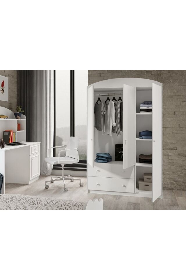 Lucia Beyaz 3 Kapaklı 2 Çekemeceli Tamamı Mdflam Gardrop