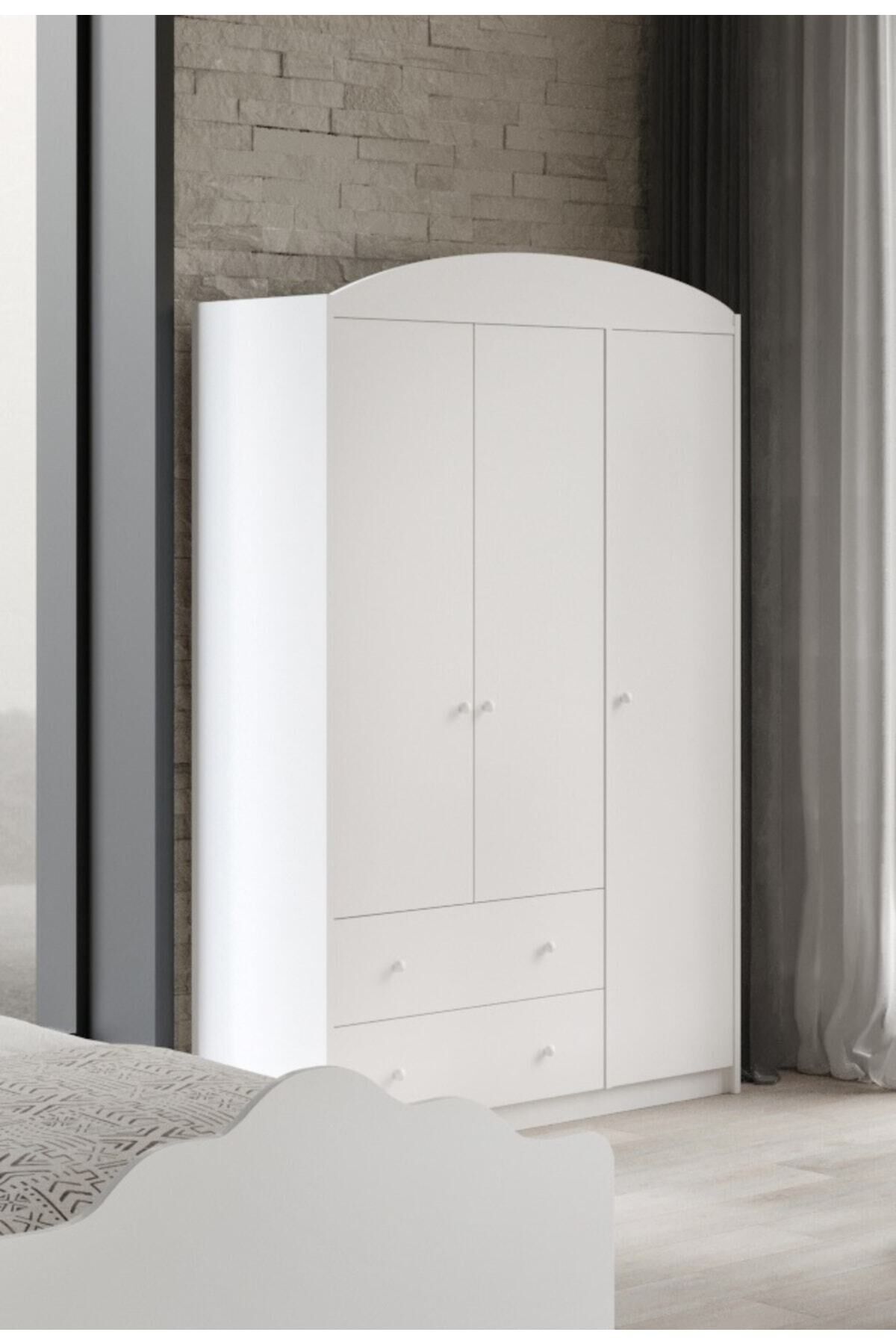 Lucia Beyaz 3 Kapaklı 2 Çekemeceli Tamamı Mdflam Gardrop