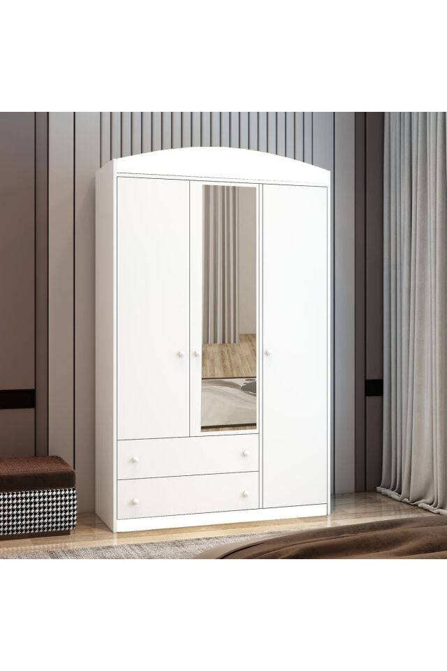 Lucia Aynalı 3 Kapaklı 2 Çekemeceli Tamamı Mdflam Gardrop