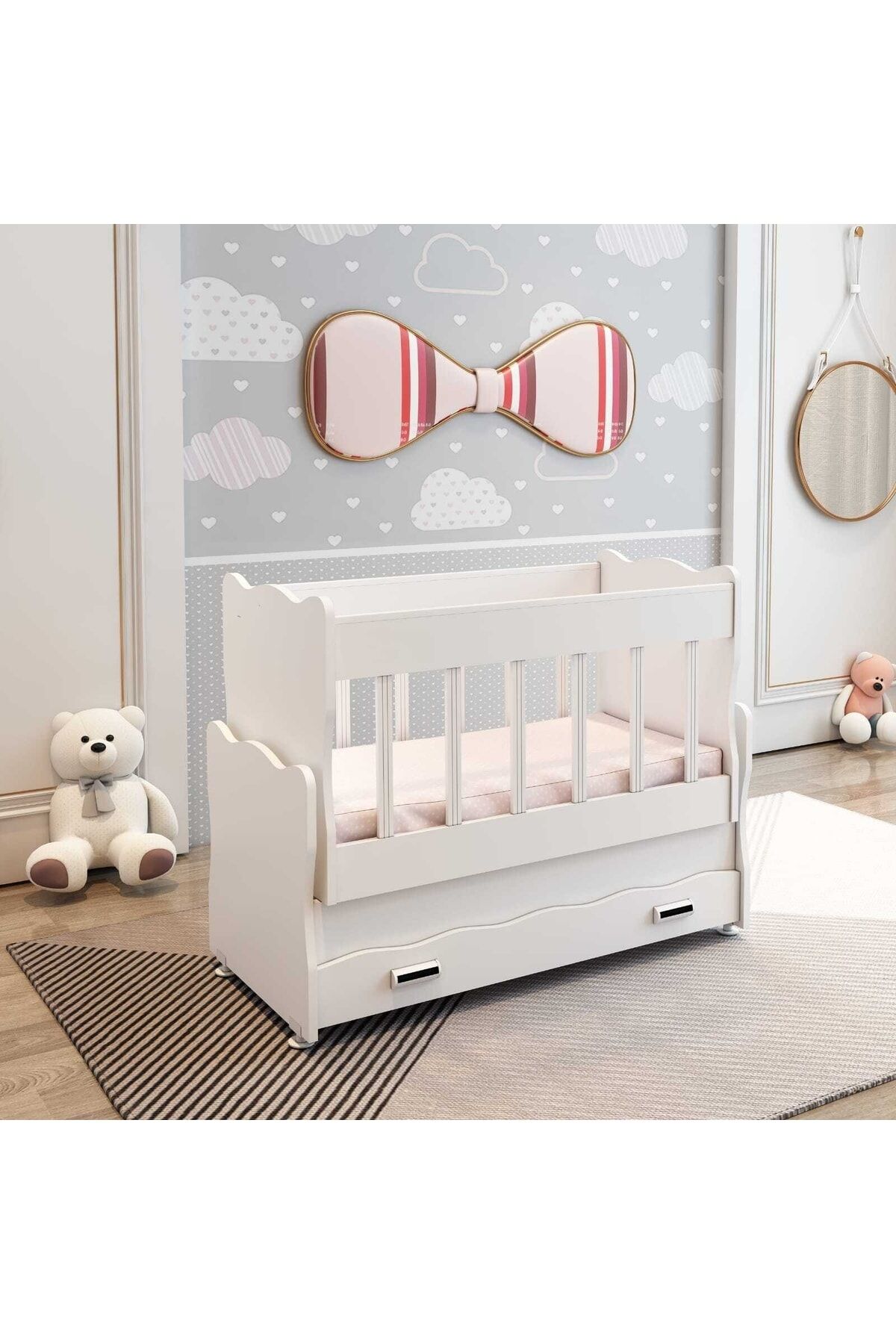 Çekmeceli Sallanır Anne Yanı Ahşap Bebek Beşiği Beyaz