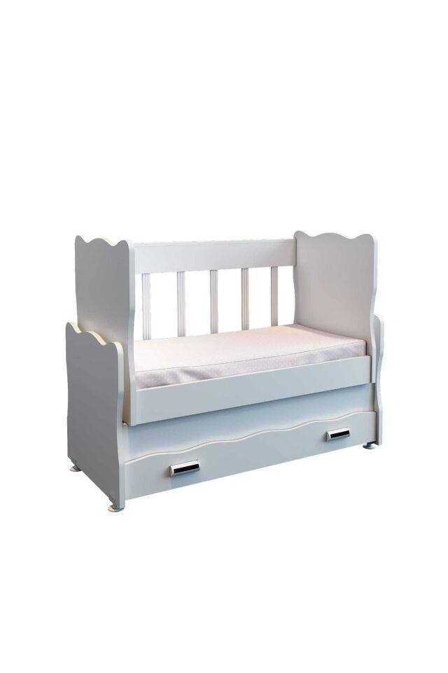 Çekmeceli Sallanır Anne Yanı Ahşap Bebek Beşiği Beyaz