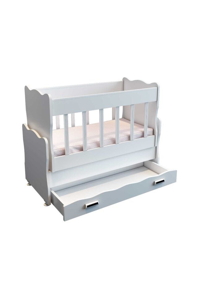 Çekmeceli Sallanır Anne Yanı Ahşap Bebek Beşiği Beyaz