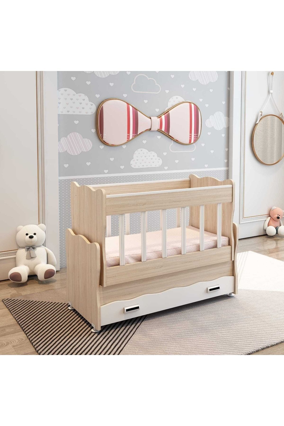 Çekmeceli Sallanır Anne Yanı Ahşap Bebek Beşiği Sonomo