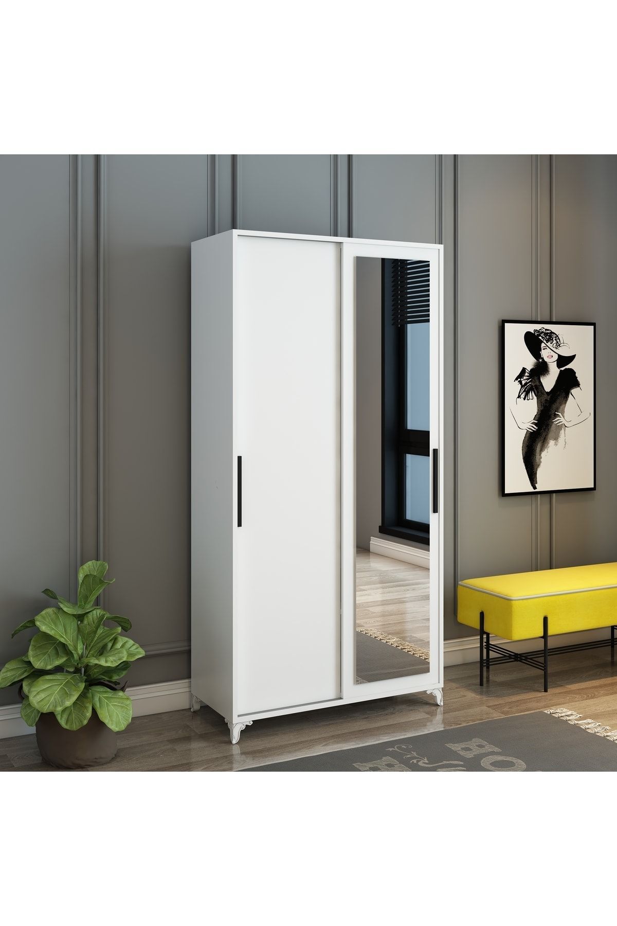 Olivia Sürgülü Aynalı Beyaz Portmanto Mdf