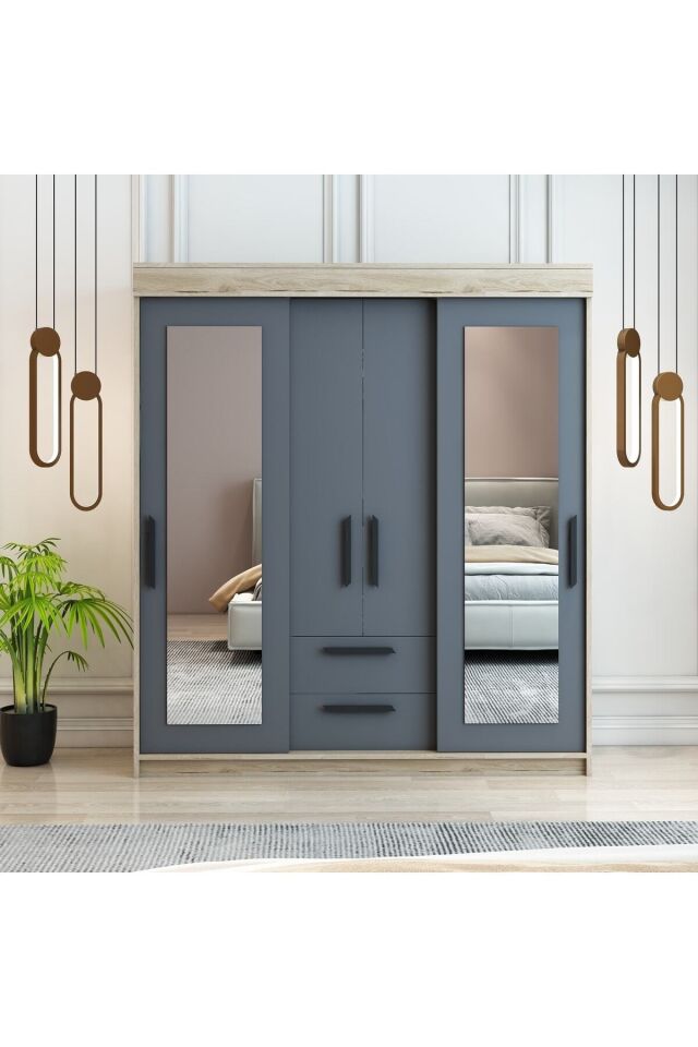 Izmir Sürgülü Aynalı Ve Kapaklı Gardrop Dolap Flora Antrasit