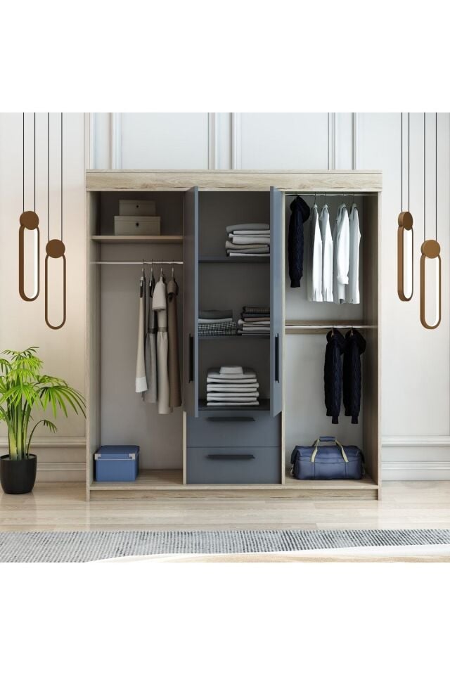 Izmir Sürgülü Aynalı Ve Kapaklı Gardrop Dolap Flora Antrasit