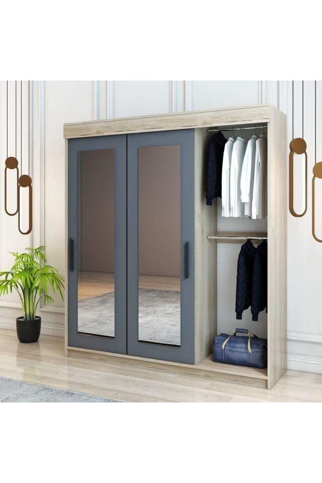 Izmir Sürgülü Aynalı Ve Kapaklı Gardrop Dolap Flora Antrasit