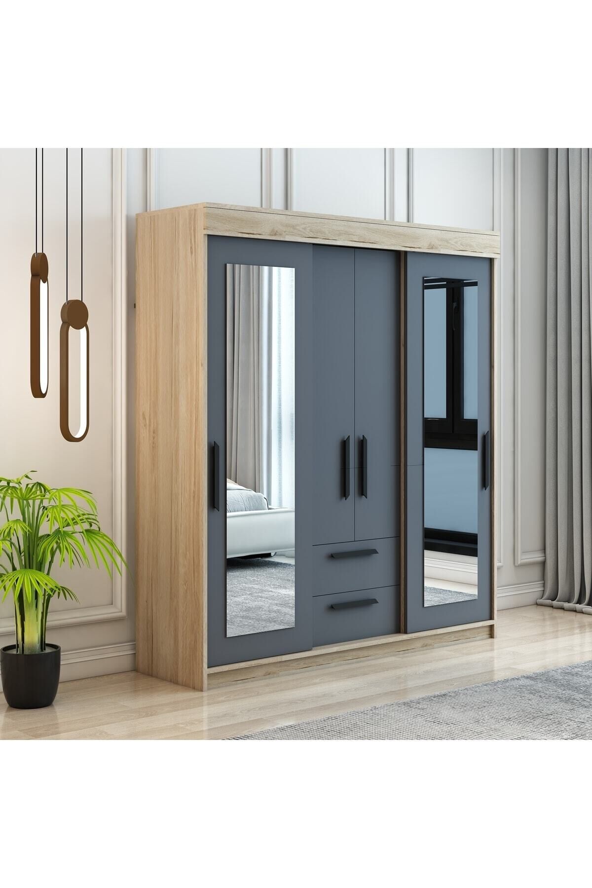 Izmir Sürgülü Aynalı Ve Kapaklı Gardrop Dolap Flora Antrasit