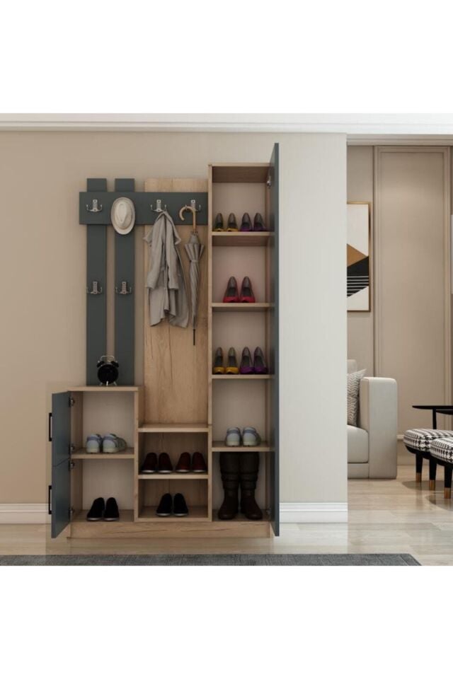 Nova Kapaklı Aynalı Portmanto Vestiyer Tamamı Mdflam Flora Antrasit