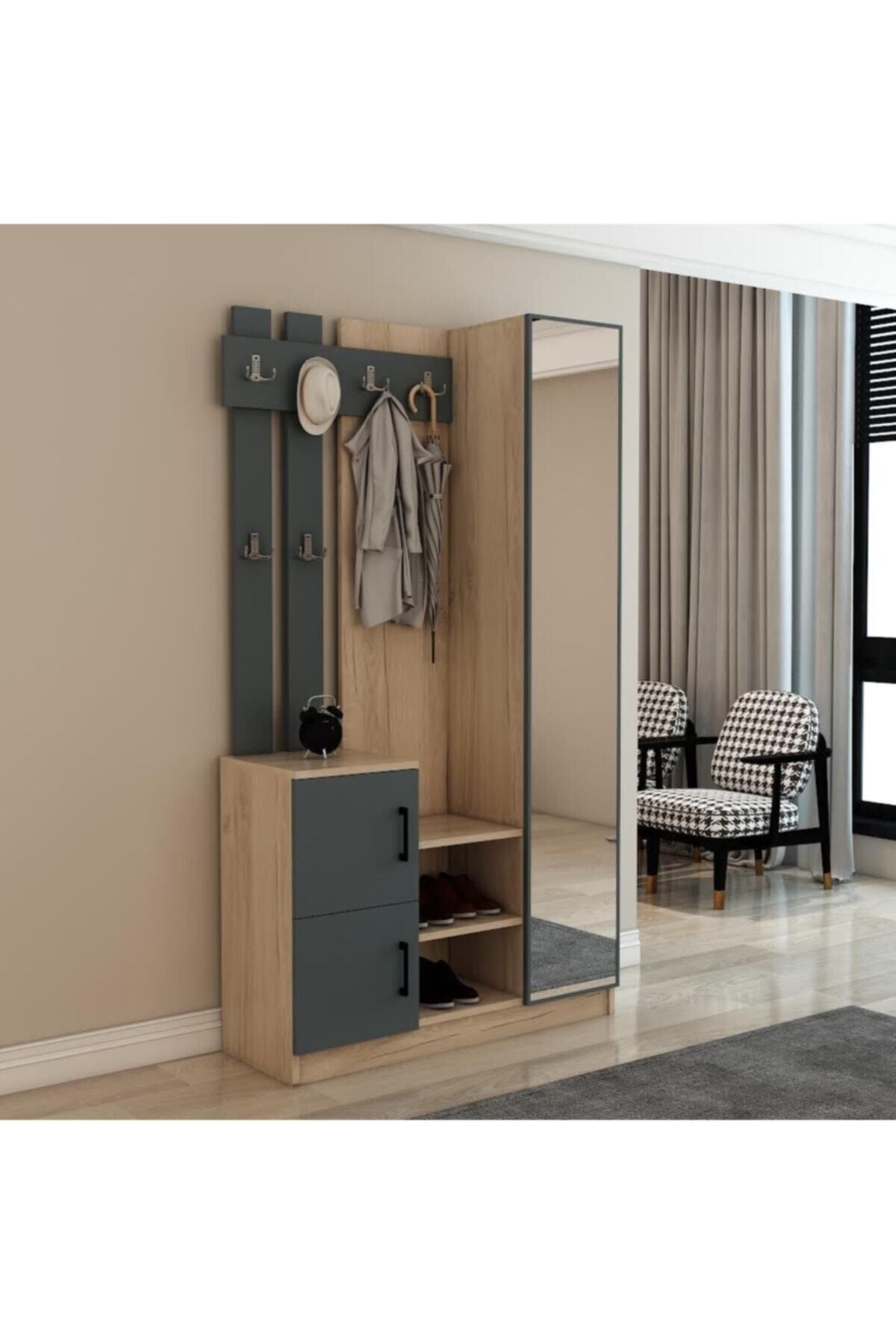 Nova Kapaklı Aynalı Portmanto Vestiyer Tamamı Mdflam Flora Antrasit