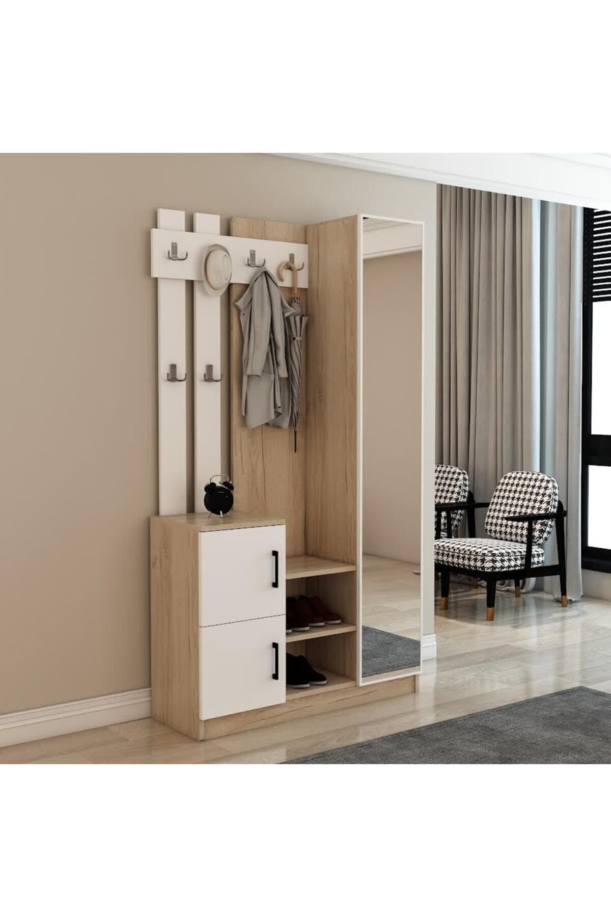 Nova Kapaklı Aynalı Portmanto Vestiyer Tamamı Mdflam