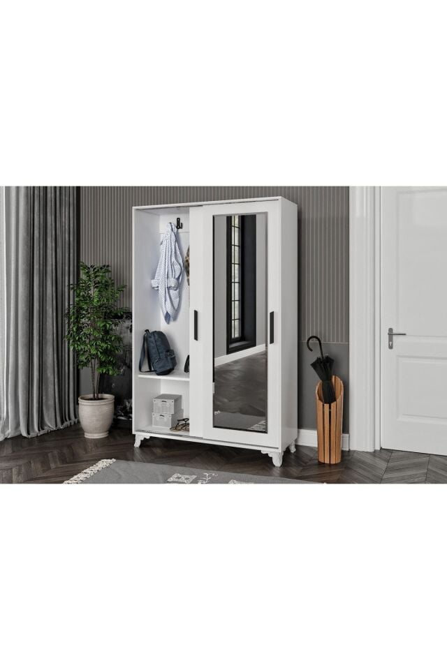 Liva Sürgülü Ve Aynalı Portmanto Beyaz (TAMAMI MDF)