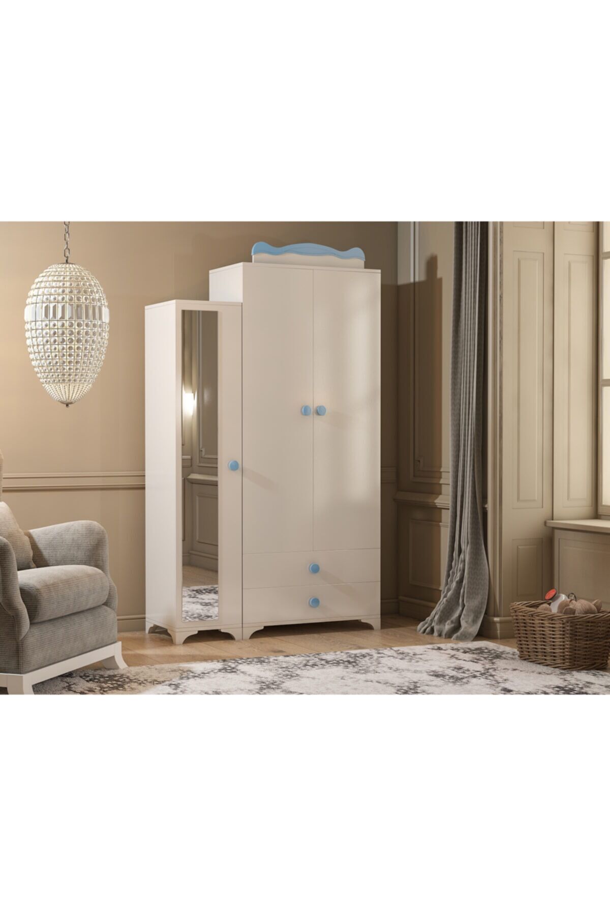 3 Kapılı 2 Çekmeceli Aynalı Dolap Mavi