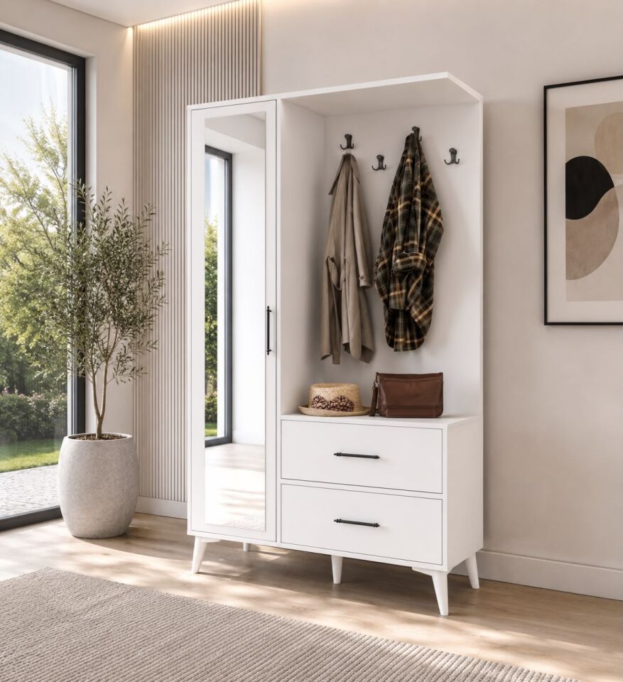 Oslo Aynalı Portmanto Vestiyer Tamamı Mdf 7 Yıl Garantili