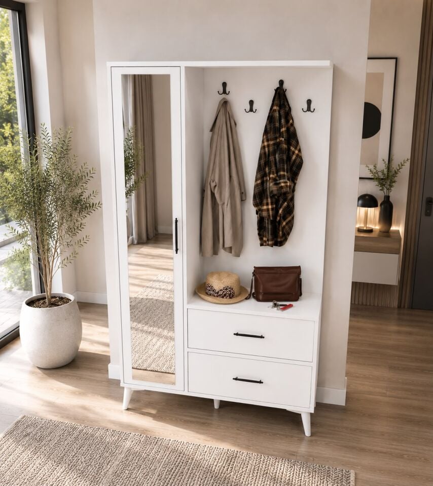 Oslo Aynalı Portmanto Vestiyer Tamamı Mdf 7 Yıl Garantili