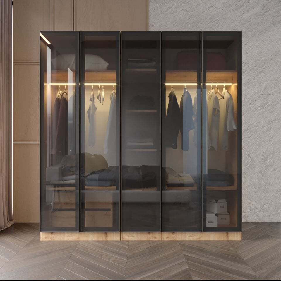 Yıldız Füme Camlı Alimünyum Kapaklı 2 Çekmeceli Giyinme Dolabı Led Askılıklı Tamamı Mdf