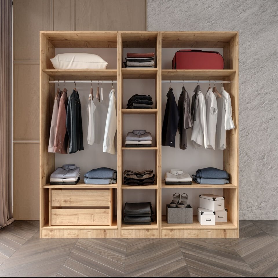 Yıldız Füme Camlı Alimünyum Kapaklı 2 Çekmeceli Giyinme Dolabı Led Askılıklı Tamamı Mdf