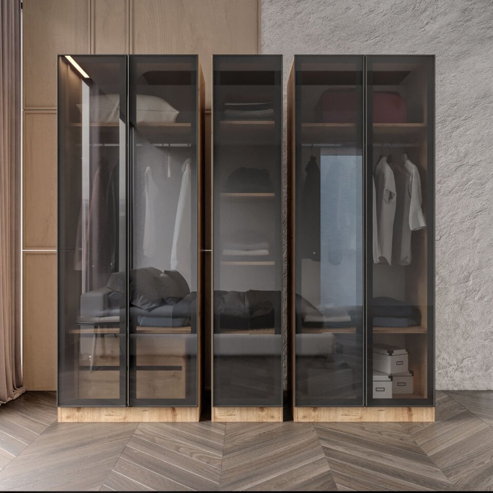 Yıldız Füme Camlı Alimünyum Kapaklı 2 Çekmeceli Giyinme Dolabı Led Askılıklı Tamamı Mdf