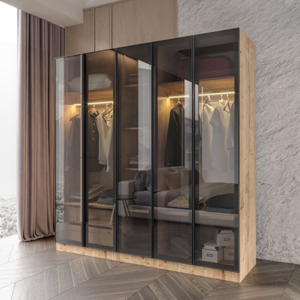 Yıldız Füme Camlı Alimünyum Kapaklı 2 Çekmeceli Giyinme Dolabı Led Askılıklı Tamamı Mdf