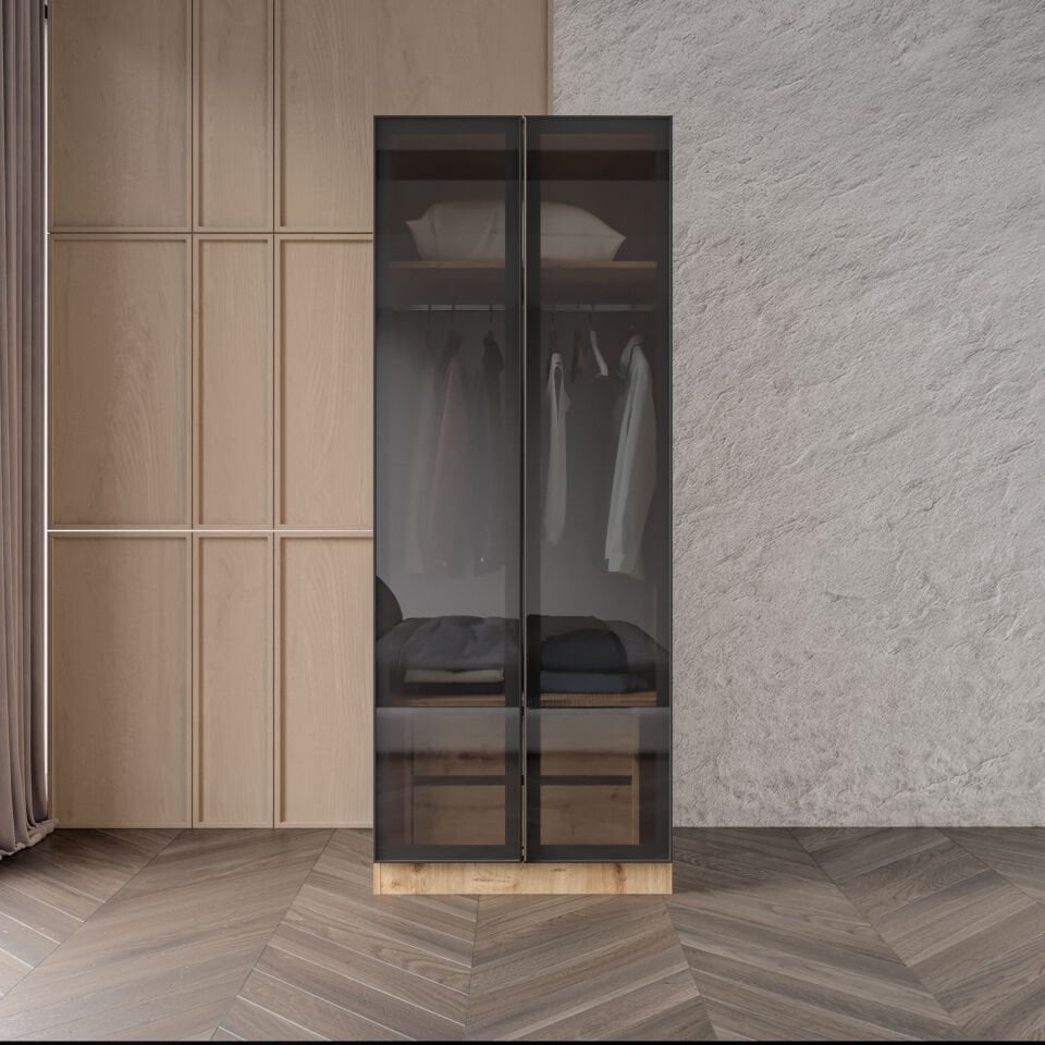 Altay 2 Çekmeceli Giyinme Dolabı Led Askılıklı Tamamı Mdf Füme Camlı
