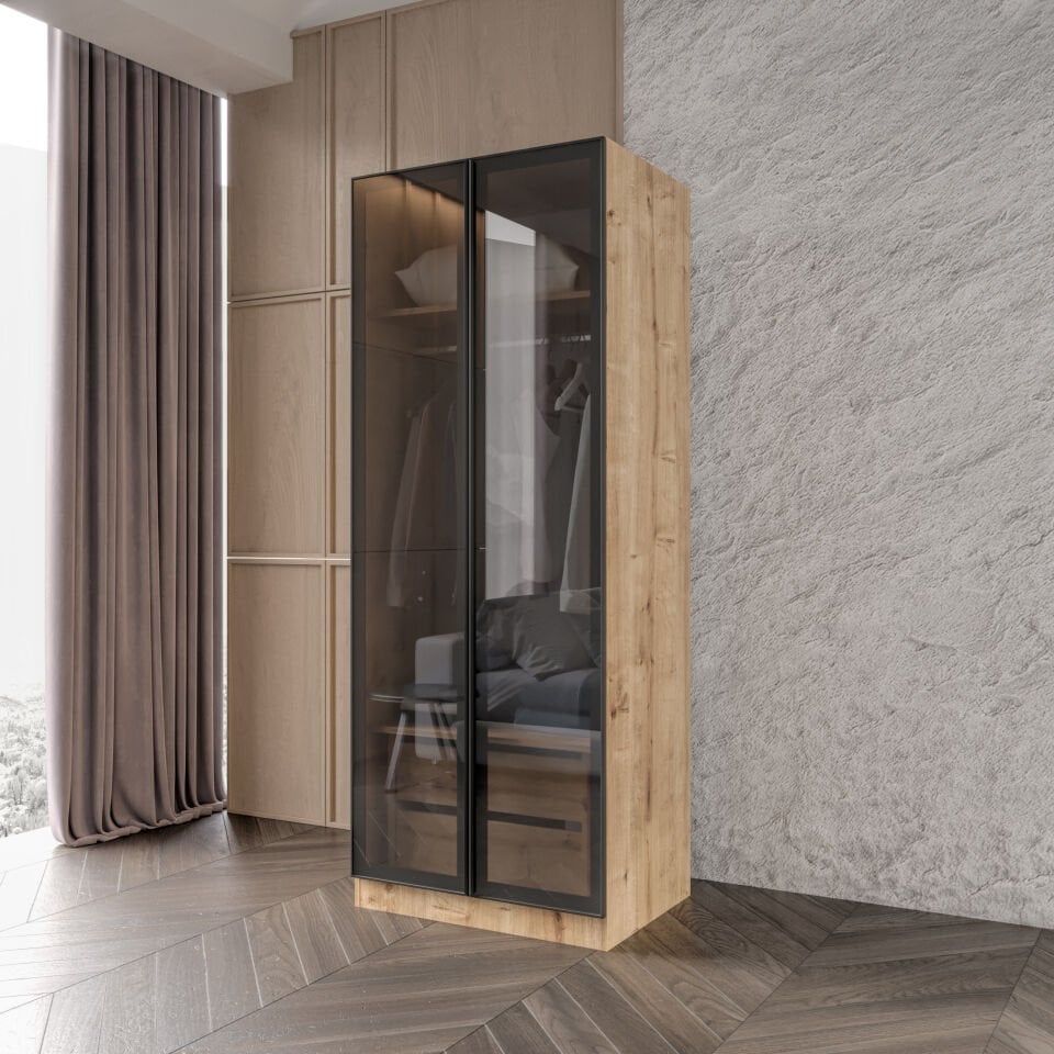 Altay 2 Çekmeceli Giyinme Dolabı Led Askılıklı Tamamı Mdf Füme Camlı