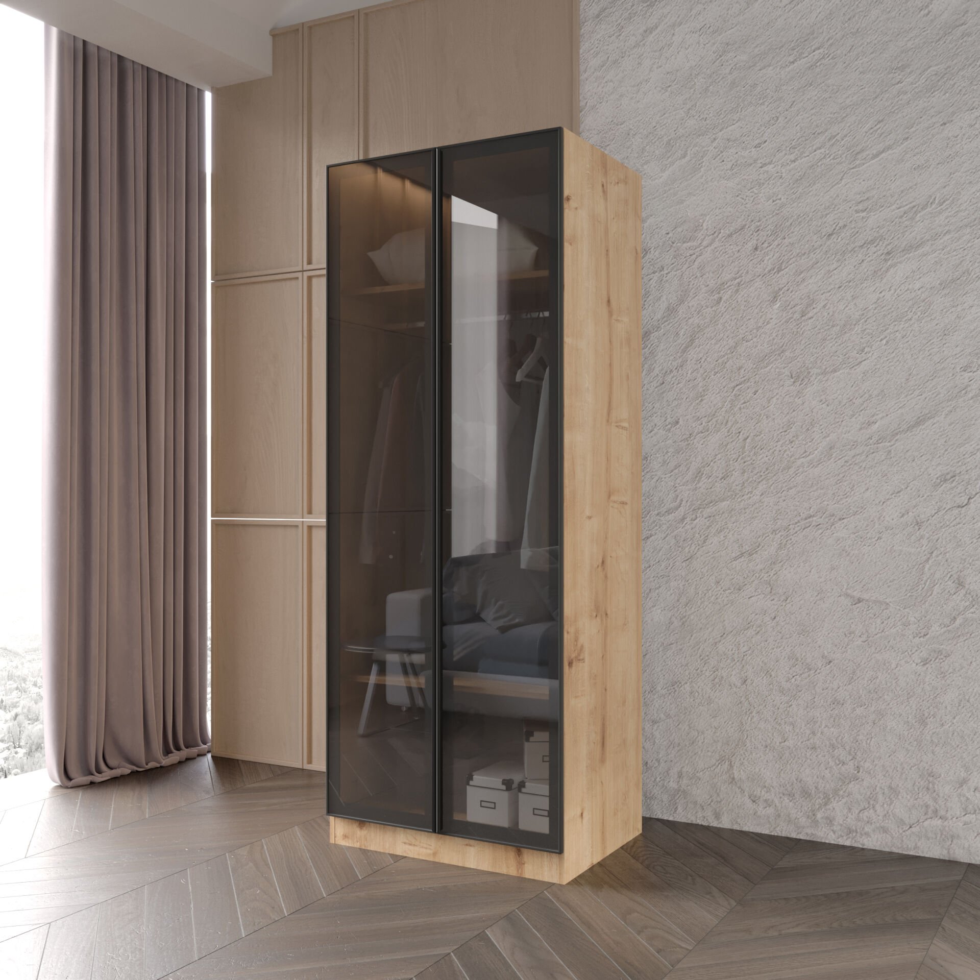 Ülgen 2 Kapaklı Giyinme Dolabı Tamamı Mdf Led Askı Borusulu Füme Camlı