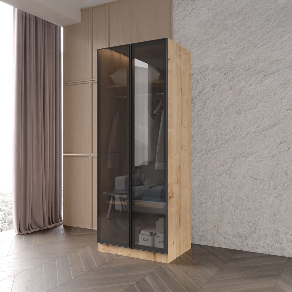 Ülgen 2 Kapaklı Giyinme Dolabı Tamamı Mdf Led Askı Borusulu Füme Camlı