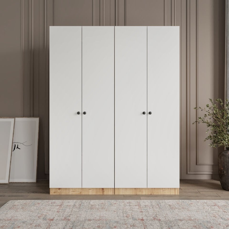 Yonca 4 Kapaklı 2 Çekmeceli Tamamı Mdf Giyinme Dolabı Safir meşe Ledli Askılık