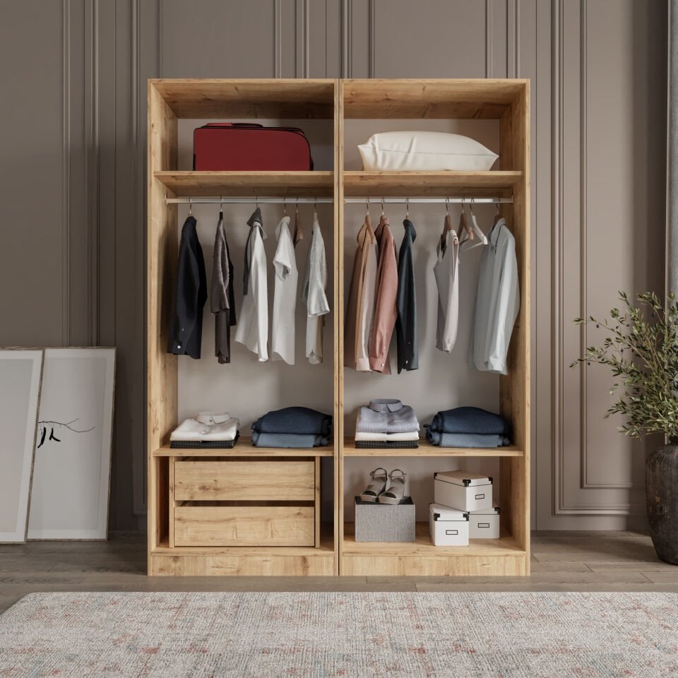 Yonca 4 Kapaklı 2 Çekmeceli Tamamı Mdf Giyinme Dolabı Safir meşe Ledli Askılık