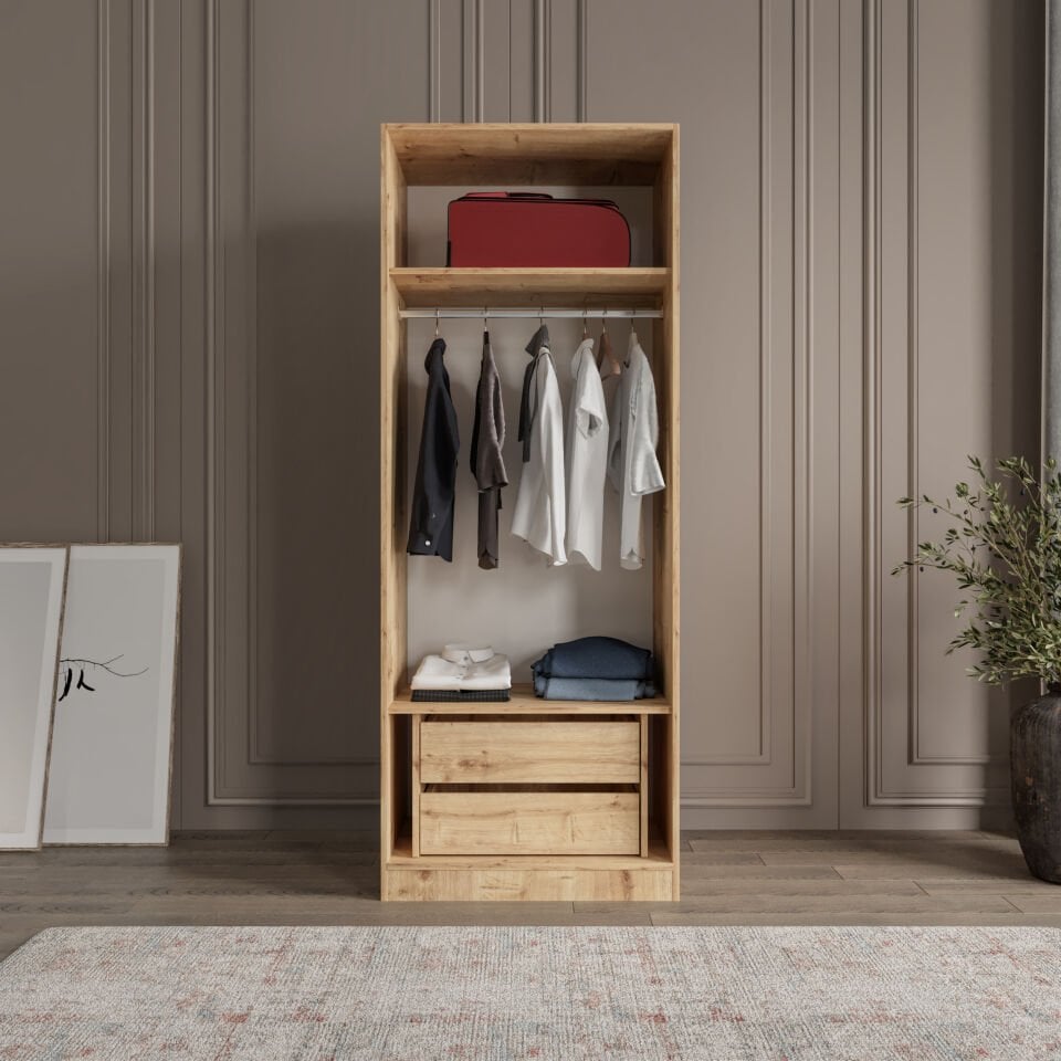 Altay 2 Kapaklı 2 Çekmeceli Giyinme Dolabı Led Askılıklı Tamamı Mdf