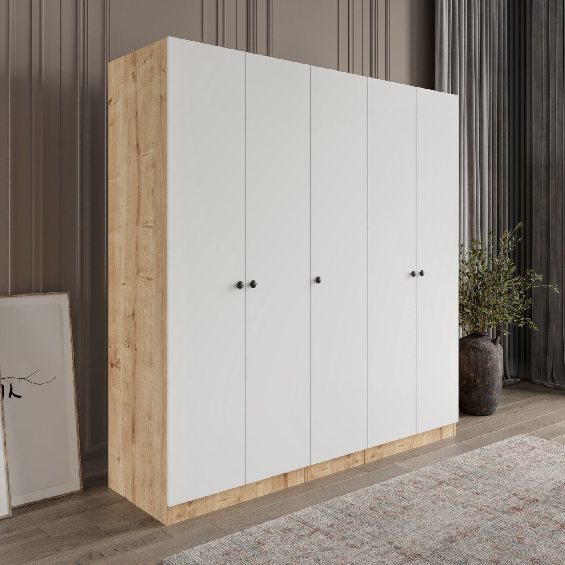 Yıldız 5 Kapaklı 2 Çekmeceli Giyinme Dolabı Tamamı Mdf Led Askılıklı