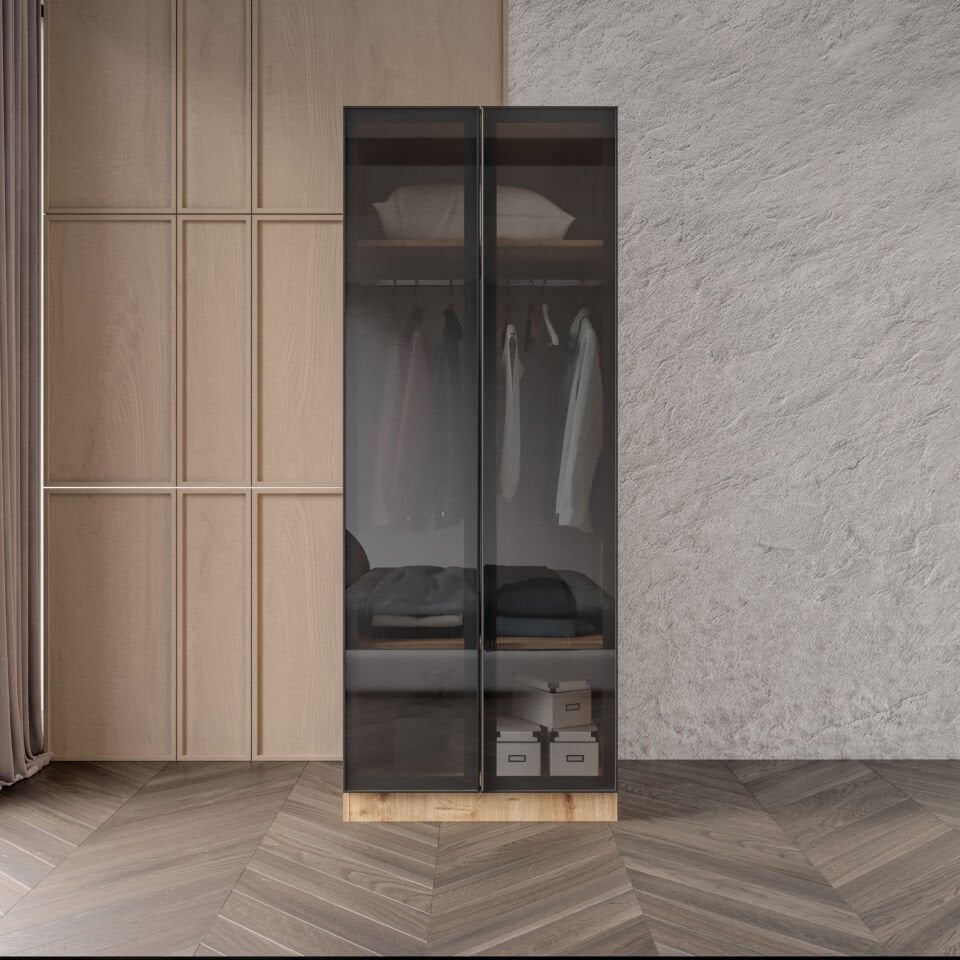 Füme Camlı Alimünyum Kapaklı 2 Çekmeceli Giyinme Dolabı Led Askılıklı Tamamı Mdf