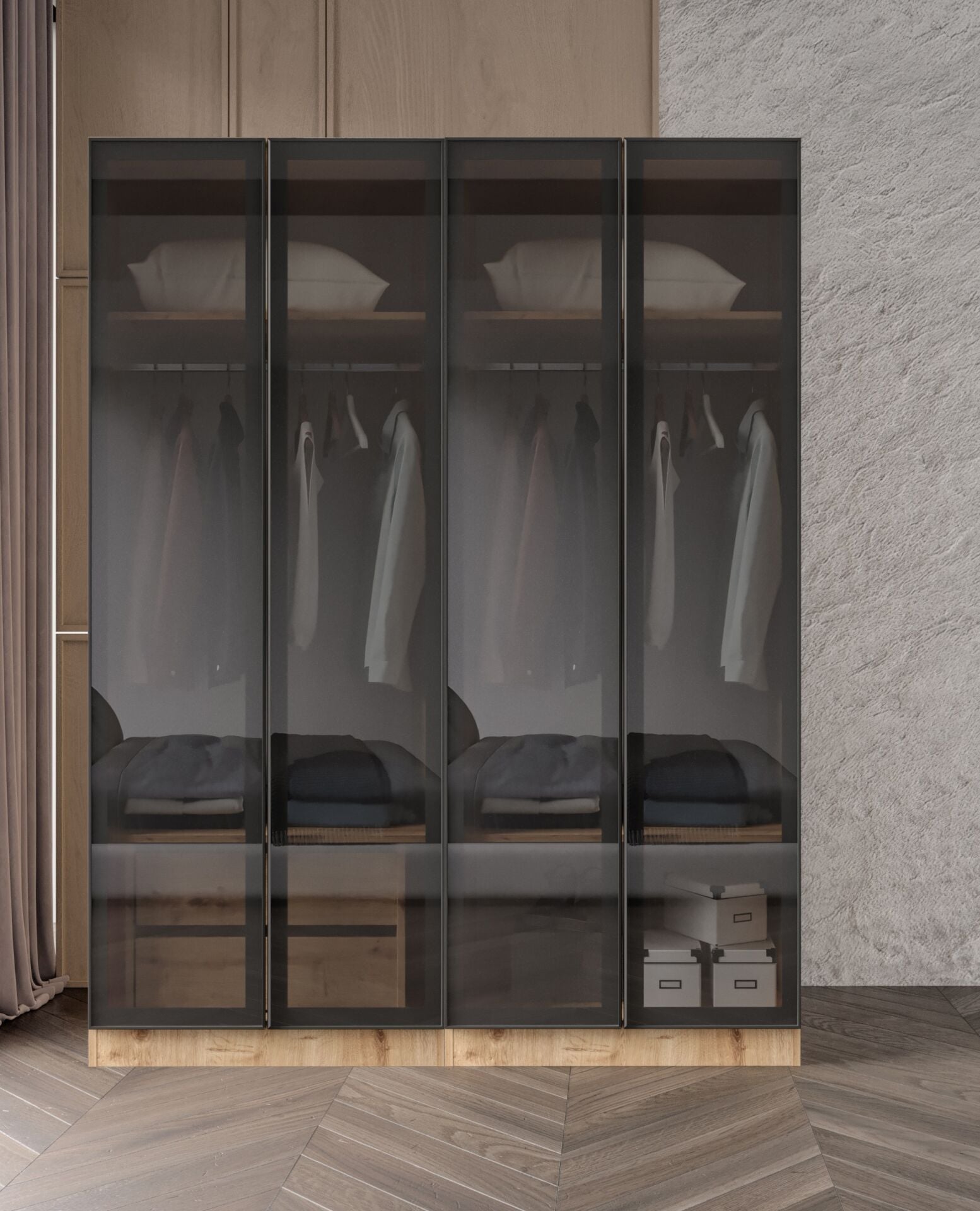 Füme Camlı Alimünyum Kapaklı 2 Çekmeceli Giyinme Dolabı Led Askılıklı Tamamı Mdf