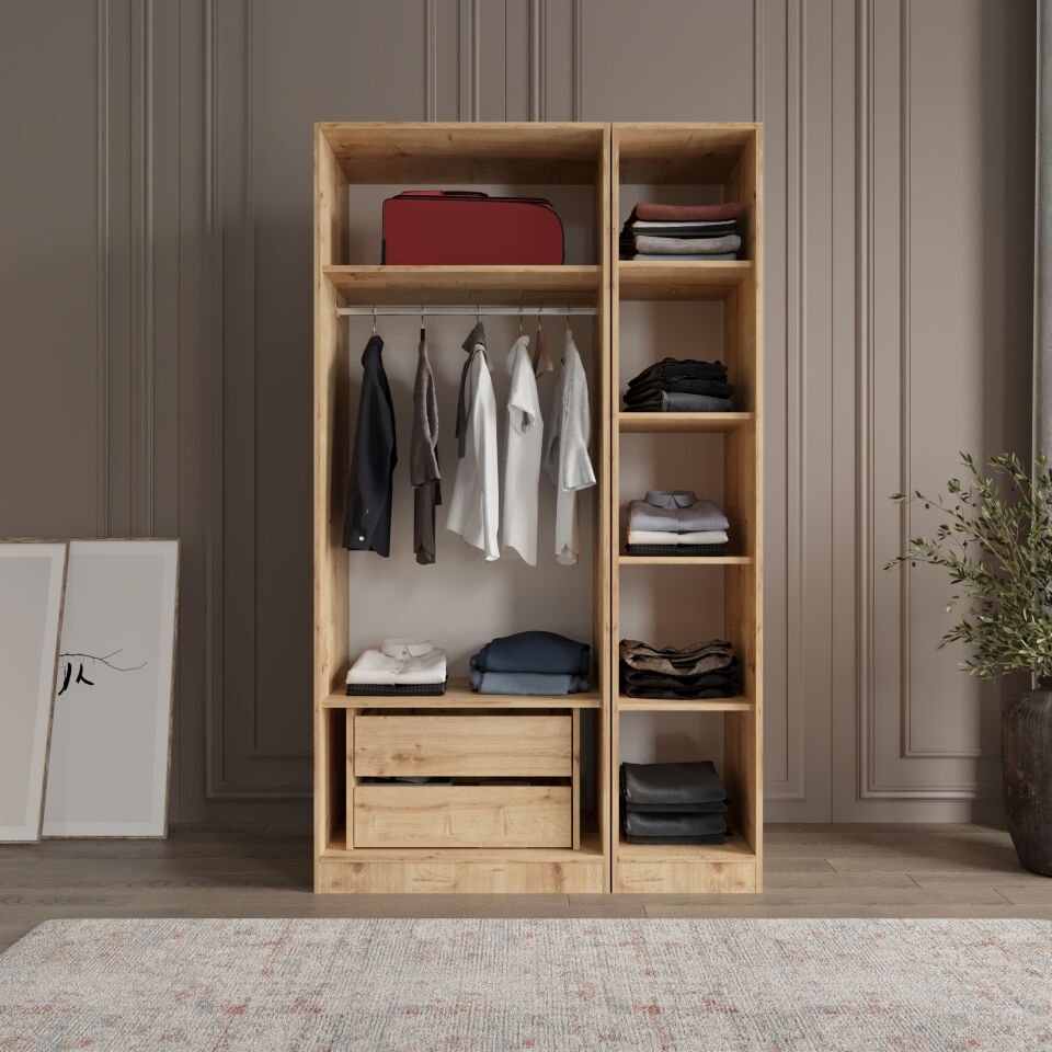 Altay Kayra Füme Camlı Alimünyum Kapaklı 2 Çekmeceli Giyinme Dolabı Led Askılıklı Tamamı Mdf